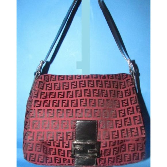 Fendi Mamma Zucco Zucchino Shoulder Bag Black Logo Print On Dark Red Canvas - Picture 7 of 12